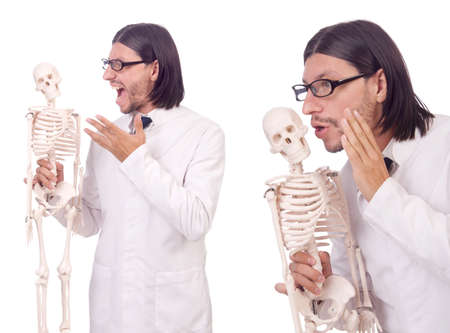 Funny teacher with skeleton isolated on whiteの写真素材