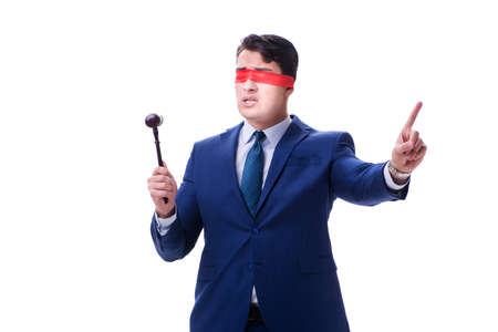 Lawyer with blindfold holding a gavel isolated on whiteの写真素材