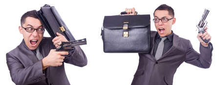 Funny businessman with gun on whiteの写真素材