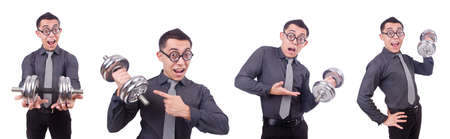 Funny businessman with dumbbells isolated on whiteの写真素材