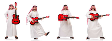 Arab man playing guitar isolated on whiteの写真素材