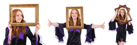 Woman with picture frame on whiteの写真素材