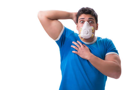 Man sweating excessively smelling bad isolated on white backgrouの写真素材