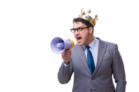 King businessman with a megaphone isolated on white backgroundの写真素材