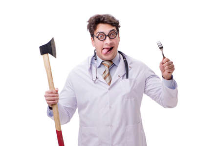 Funny doctor with axe isolated on whiteの写真素材