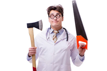 Funny doctor with axe and saw isolated on whiteの写真素材
