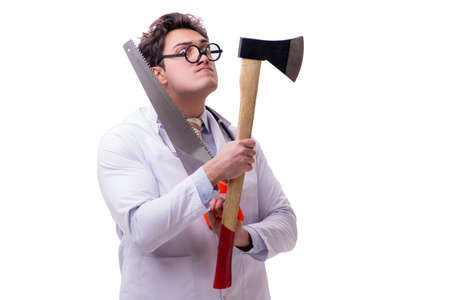 Funny doctor with axe and saw isolated on whiteの写真素材