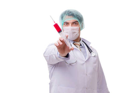 Funny doctor with syringe isolated on whiteの写真素材