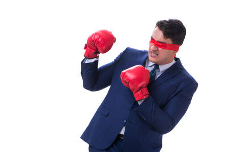 Lawyer with blindfold wearing boxing gloves isolated on whiteの写真素材