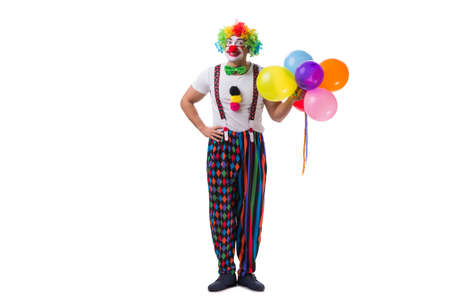 Funny clown with balloons isolated on white backgroundの写真素材