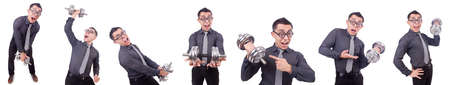 Funny businessman with dumbbells isolated on whiteの写真素材