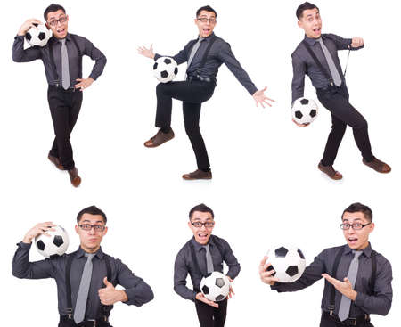 Funny man with football isolated on whiteの写真素材