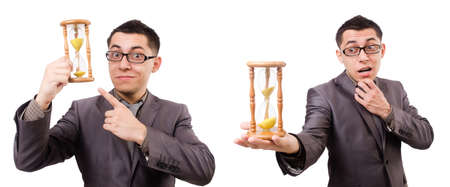Young man holding briefcase and sandglass isolated on white