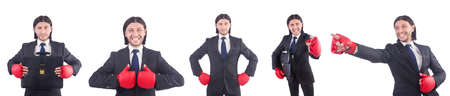 Businessman with boxing gloves on white backgroundの写真素材