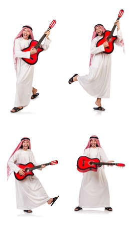 Arab man playing guitar isolated on white backgroundの写真素材