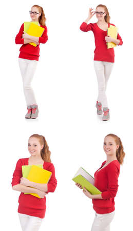 Young student with books on white backgroundの写真素材