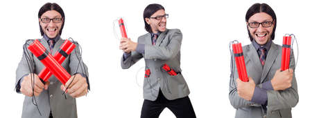 Young businessman holding dynamite isolated on whiteの写真素材