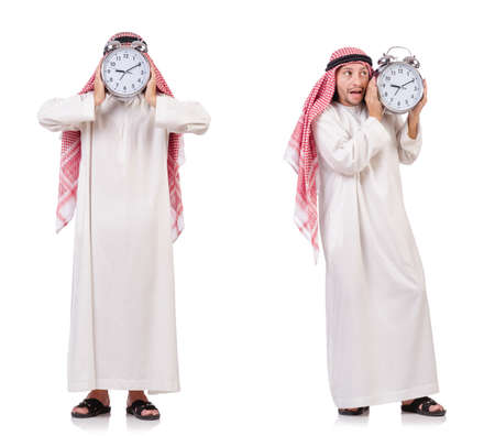 Arab man in time concept on whiteの写真素材