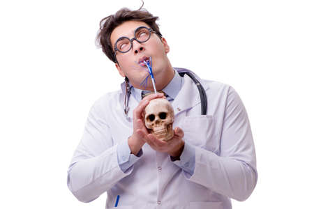 Funny doctor with skull isolated on whiteの写真素材