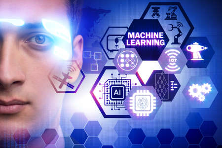 Businessman with futuristic glasses in machine learning conceptの写真素材