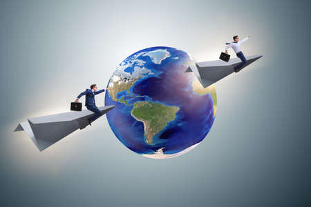 Businessman flying on paper plane in business concept
