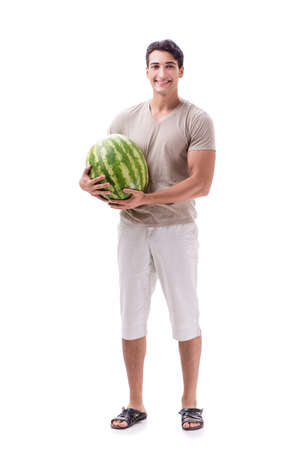 Young man with watermelon isolated on whiteの写真素材