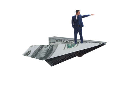 Businessman flying on paper plane in business conceptの写真素材