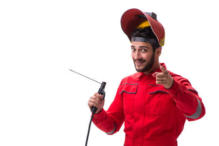 Young repairman with a welding gun electrode and a helmet isolat