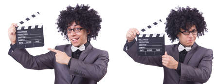 Man with movie clapper isolated on whiteの写真素材