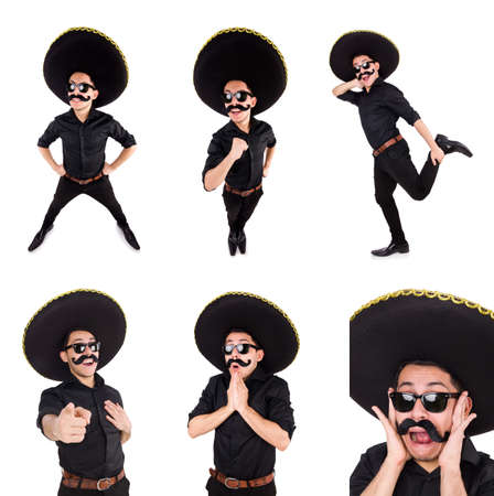Funny man wearing mexican sombrero hat isolated on whiteの写真素材