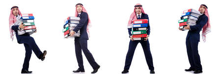 Arab businessman with many folders on whiteの写真素材