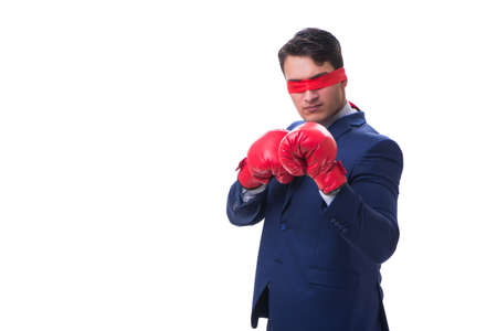 Lawyer with blindfold wearing boxing gloves isolated on whiteの写真素材