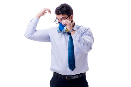 Businessman sweating excessively smelling bad isolated on white backgroundの写真素材