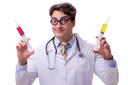Funny doctor with syringe isolated on whiteの写真素材