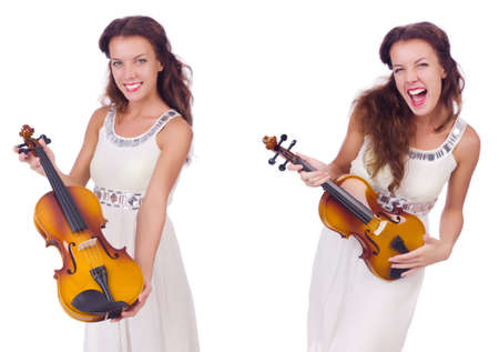 Woman playing violin isolated on white backgroundの写真素材