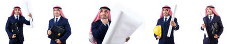Arab engineer with drawings on whiteの写真素材