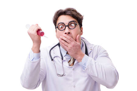 Funny doctor with syringe isolated on whiteの写真素材