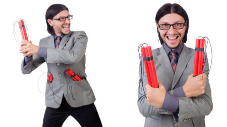 Young businessman holding dynamite isolated on whiteの写真素材
