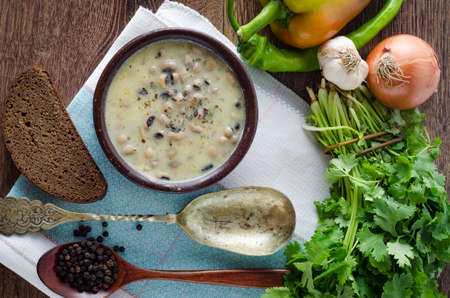 Mushroom soup served on the tableの写真素材