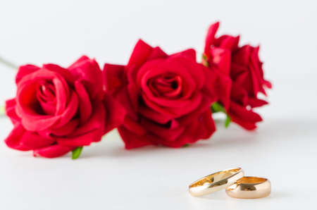 Wedding concept with rings and rosesの写真素材