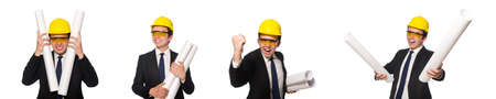 Funny architect with drawings on whiteの写真素材
