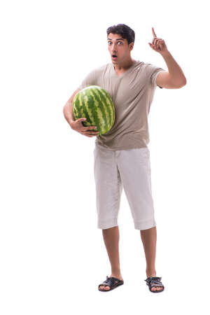 Young man with watermelon isolated on whiteの写真素材