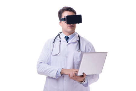 Doctor wearing a vr virtual reality headset isolated on white backgroundの写真素材