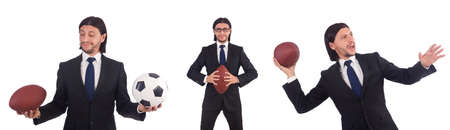 Businessman with football isolated on white backgroundの写真素材