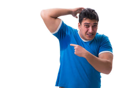 Man sweating excessively smelling bad isolated on white backgrouの写真素材