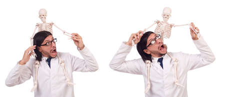 Funny teacher with skeleton isolated on whiteの写真素材