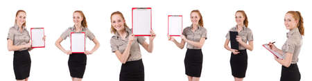 Attractive businesswoman  with binder  isolated on whiteの写真素材