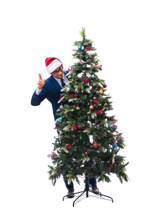 Businessman decorating christmas tree isolated on whiteの写真素材