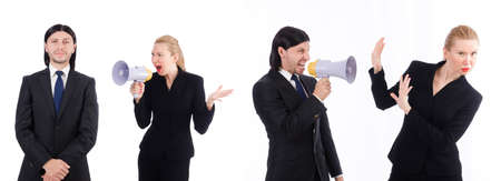 Businessman and businesswoman with megaphone isolated on white