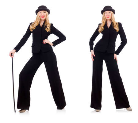 Girl in classic male suit isolated on white